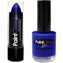 Neon blauwe uv lippenstift/lipstick nagellak schmink set