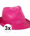 3x voordelige neon roze trilby hoed pailletten