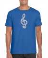 Zilveren muziek noot g sleutel muziek feest t-shirt kleding blauw heren