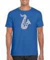 Zilveren saxofoon muziek t-shirt kleding blauw heren
